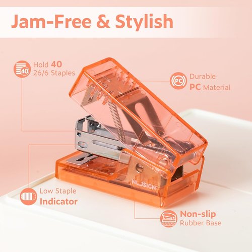 NUSIGN Mini Stapler - Cute Desk Stapler with 830 Staples | 25 Sheet Capacity in Clear Orange