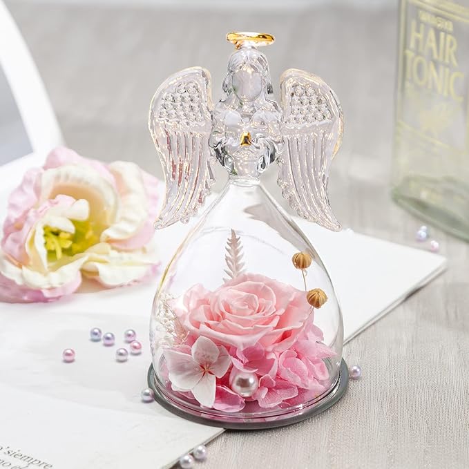 ANWEAO Women Gifts for Christmas Preserved Rose Forever Flower in Glass Angel Figurines Fresh Flowers for Delivery Prime Gifts for Mom, Real Pink Roses Gift for Grandma Mom Sister Wife Her