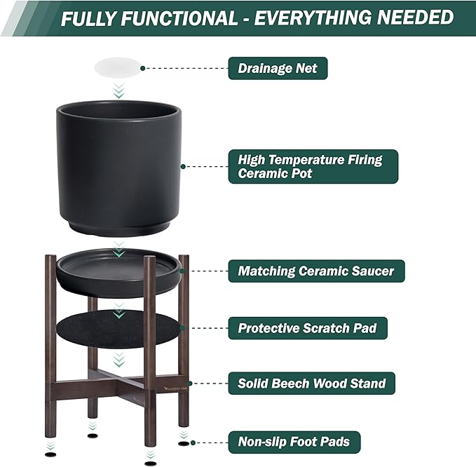 D'vine Dev Ceramic Planter with Walnut Color Stand - 14 Inch Modern Round Flower Pot with Wood Planter Holder, Black, 55-B-T-2