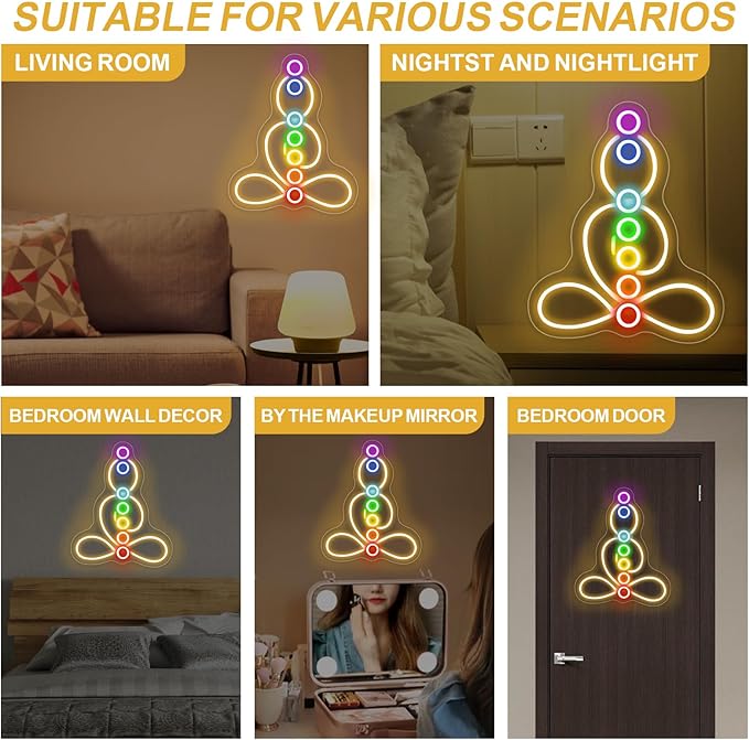 Seven Chakras Meditation Neon Sign Custom Yoga Studio Logo LED Sign Chakras LED Neon Pilates Studio Art Meditation Room Wall Art Yoga Lover Gift, Psychic Chakras Healing Exercise, Peaceful Sign