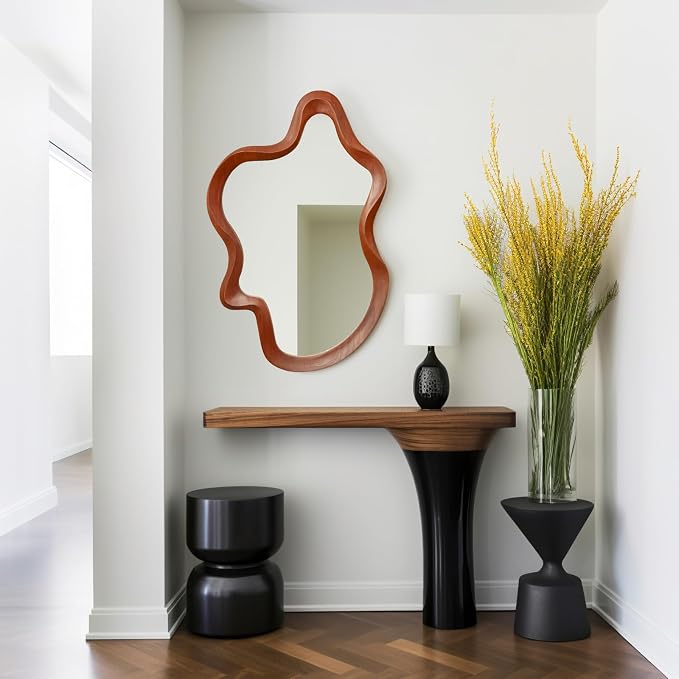 Irregular Wall Mirror,21"x 32"Asymmetrical Mirror Wood,Wooden Framed Wall Mirror,Modern Large Vanity Bathroom Mirror,Walnut Wavy Mirror for Entryway,Bedroom,Living Room,Washroom