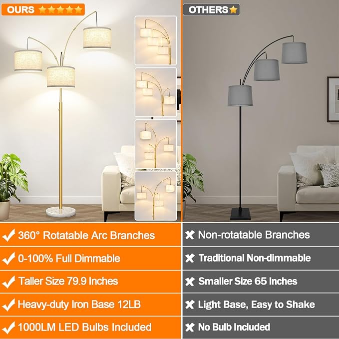 Dimmable 3 Lights Arc Floor Lamp, Modern Tall Standing Tree Lamp with Gold Pole, White Linen Shades & Solid Marble Base, 3000LM Warm White LED Bulbs, Elegant Lighting for Living Room, Bedroom & Office