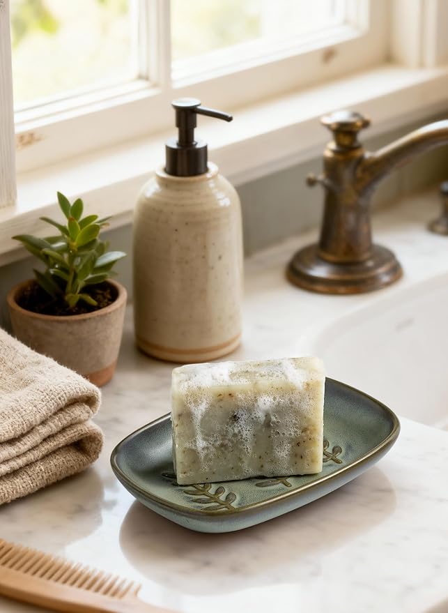 Miamolo Ceramic Soap Dish Bar Soap Holder for Shower, Soap Dishes for Bar Soap Sponge, Shower Soap Saver Tray for Bathtub Bathroom Kitchen Sink, Housewarming Gift, Pro-Environment, Dark Green