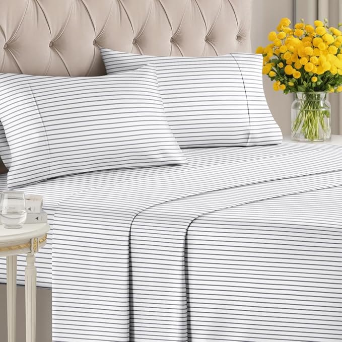 Blue and White Striped Sheets - 1 Flat & 1 Fitted Sheet & 2 Pillowcases w/ Deep Pockets - Cozy, Wrinkle & Fade Resistant - Ultra-Soft, Breathable & Cooling - Luxury Pinstripe Bedding - King Size