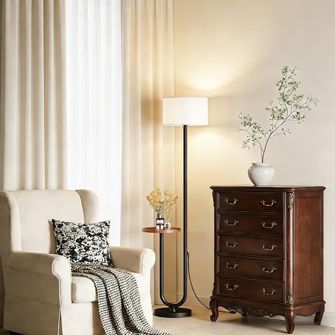 62.9" Floor Lamp with Table Brown, White Lampshade Vintage Standing Lamp with Tray Foot Switch, 3 Color Temperatures LED Bulb Included, for Living Room, Bedroom