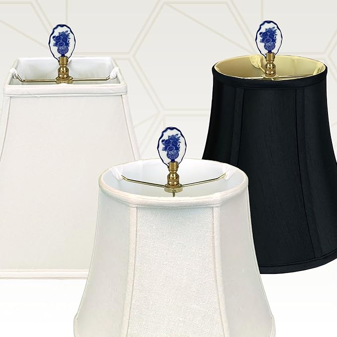 Royal Designs, Inc. Blue & White Porcelain Oval Flowers Vase Design Finial for Lamp Shade, Polished Brass