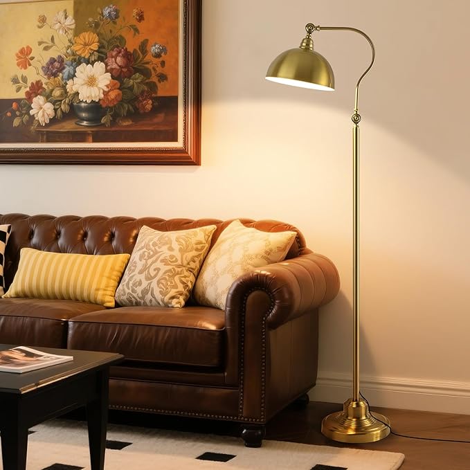 Bright LED Reading Floor Lamp with Remote and Bluetooth Dimming,Adjustable Brightness and Color temperature, Brass Gold Brushed Iron Lampshade,59" Modern Standing Lamp for Living Room Bedroom Office