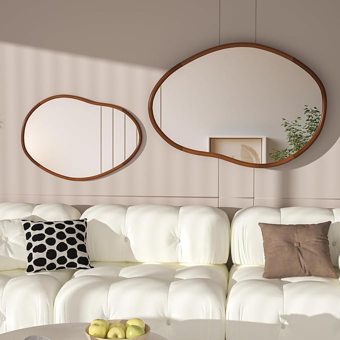 Irregular Wall Mirror Asymmetrical: Abstract Wood Frame 32x22 inch | Unique Vanity Glass Mirrors, Cloud-shape, Horizontal Vertical Hanging, Sleek Entryway Accent
