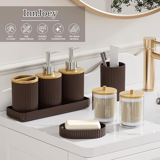 10PC Bathroom Accessories Set - Brown and Wooden Bathroom Sets, Bathroom Accessory Set with Pop Up Trash Can, Toilet Brush, Trash Can, Qtip Holder & Soap Dispenser