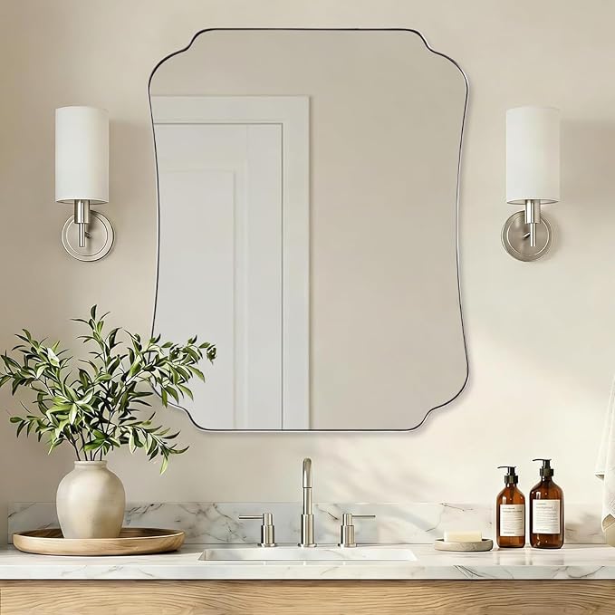 ANDY STAR 24"x30" Brushed Nickel Mirror, Scalloped Bathroom Wall Mirror with Metal Frame for Vanity, Vintage Notched Edges Design Ideal for Entryway, Living Room & Bedroom Decor