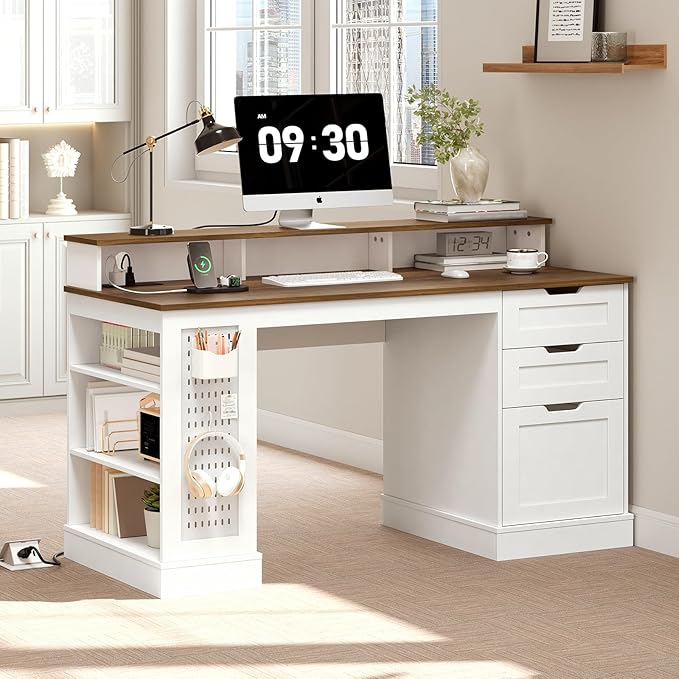 55inch Farmhouse Executive Desk with 2 Drawers and File Cabinet, Computer Desk with 3-Tier Storage Shelves, Home Office Desk with Charging Station, Pegboard and Monitor Shelf, White and Walnut