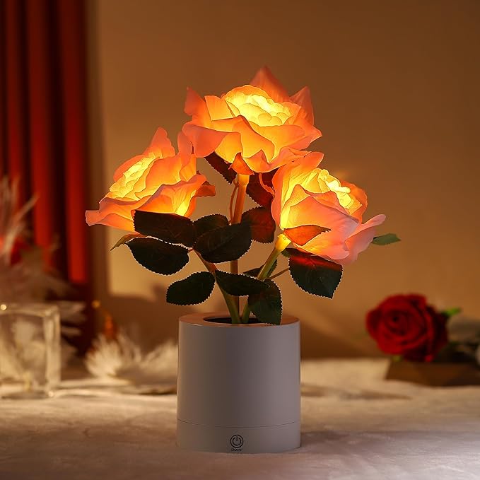 WSYEAR Pink Rose Flower Lamp, Christmas Day LED Artificial Flowers Gifts for Her Wife Girlfriend Small Table Lamp Night Light, Cordless Touch Lamp