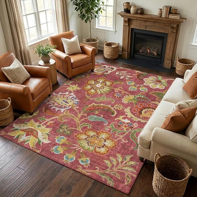 5x7 Area Rug Bohemian Vintage Floral Paisley Rug with Non Slip Backing, Washable Low Pile Burgundy Red Multi-Color Carpet for Bedroom, Living Room, Dining Room, Home Office, Farmhouse