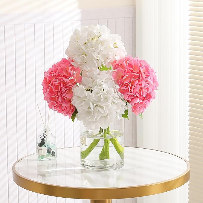 4Pcs Hydrangea Artificial Flowers, 22.44" Real Touch Latex Faux Hydrangea with Long Stems & Leaves for Home Office Decor or Wedding, Party, Centerpieces, Floral Arrangements (White&Pink)
