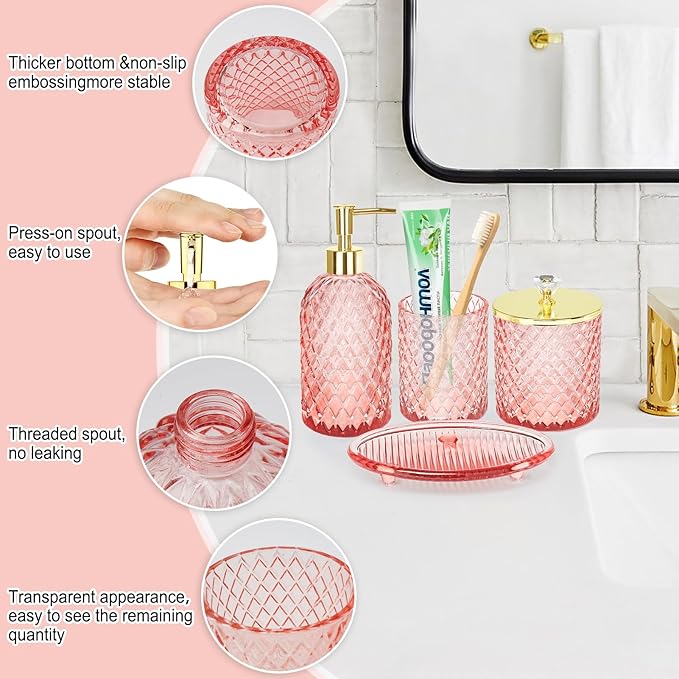 Haturi Pink Bathroom Accessories Set, 4 Pcs Glass Bathroom Accessory Set Complete w/Soap Dispenser, Toothbrush Holder, Qtip Holder, Vanity Tray, Gold Bathroom Set Decor, Gift for Girl Home Apartment