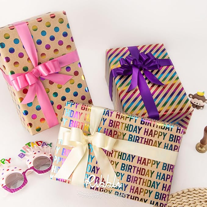 Ribbli Birthday Kraft Wrapping Paper Iridescent Gift Wrapping Paper Mini Roll, 3 Rolls Happy Birthday Polka Dots Stripes Printed Assortment - 17 inch x 120 inch(10feet) Per Roll