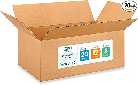 Large Shipping & Moving Boxes 20"L x 12"W x 8"H (20-Pack) - Extra Strength 200 lb vs Regular - Corrugated Heavy-Duty Large Moving Boxes - Packing Box for USPS, FEDEX - Big Box by IDL Packaging