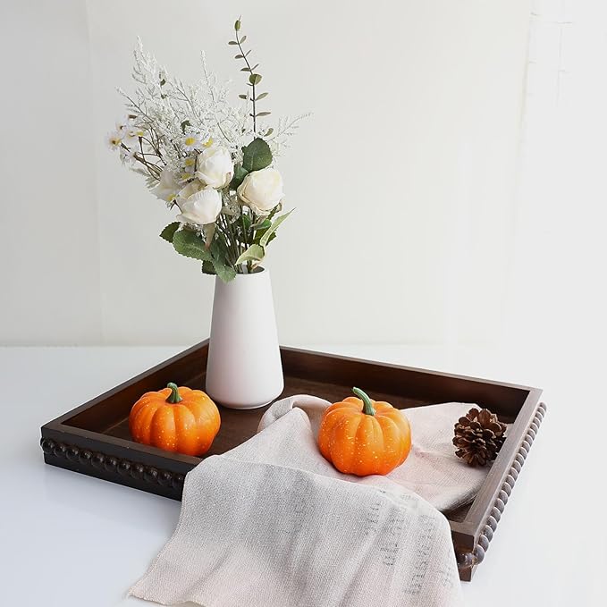 Hrastany Wood Decorative Tray, Distressed Outdoor Serving Tray with Wooden Bead for Ottoman, Coffee Table, Entertaining, Home Decor, Rectangular 15.7”*11.8”*1.57” (Dark Brown)