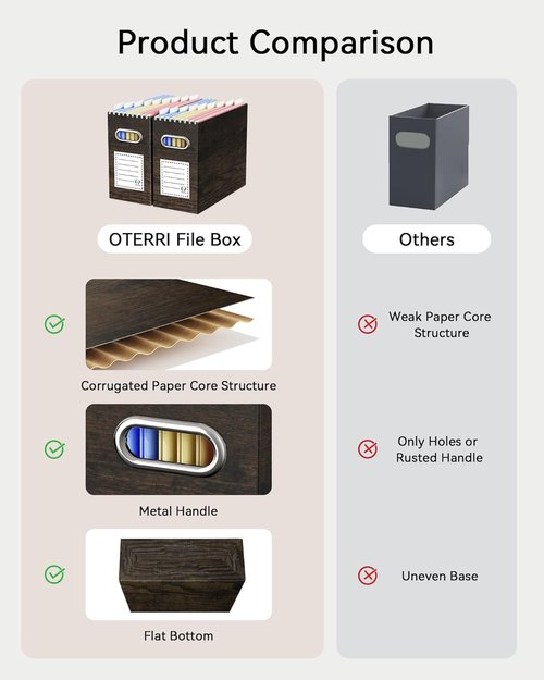 Oterri Cardboard File Organizer Box - Letter Size Hanging File Folders | 8-Pack Brown Wood Grain Print