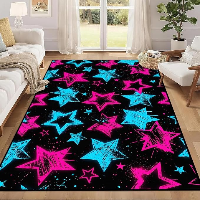 6'x9' Neon Star Area Rug Black Pink and Blue Floor Mat Abstract Star Print Rugs Washable Non-Slip Carpet for Bedroom Living Room Nursery Kitchen Playroom Home Decor