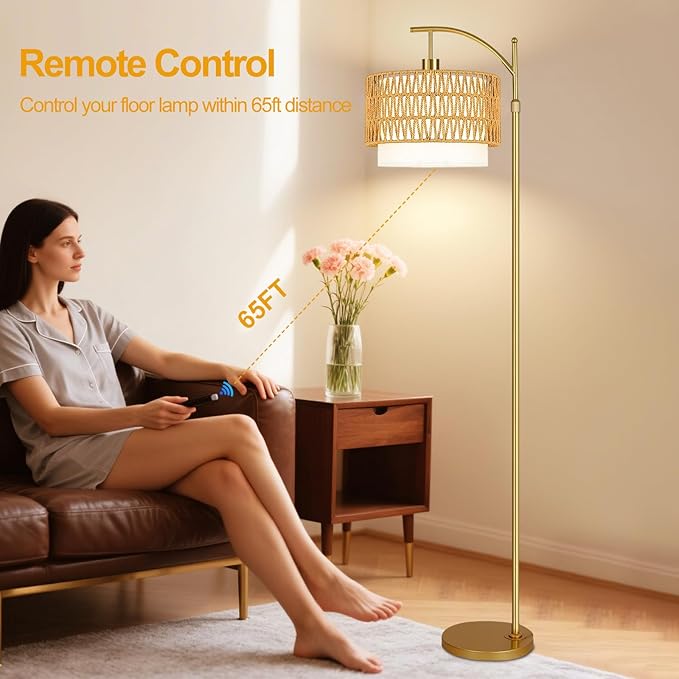 Gold Floor Lamps for Living Room Rattan Boho Floor Lamp with Remote Control & 3 Color Temperature, Dimmable Arc Floor Lamps Wicker Lamp Shades Brass Standing Lamp Tall Floor Lamp For Bedroom Corner