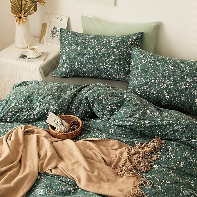 Vintage Green Floral Duvet Cover Full Size Jersey Knit Cotton Chic Floral Bedding Set Garden Style Botanical Flower Comforer Cover Floral Cottagecore Bedding Set 1 Duvet Cover with 2 Pillowcases