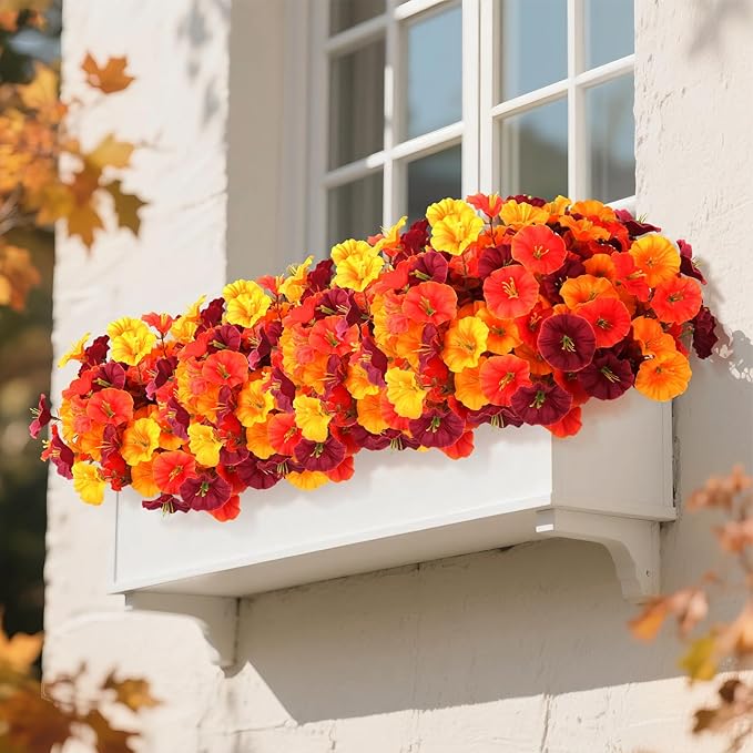 10Pcs Artificial Fall Outdoor Flowers Mums, Faux Silk Realistic Morning Glory Floral Arrangement Planter UV Resistant for Porch Patio Window Box Balcony Garden Decor (10, Fall 3 Colors)