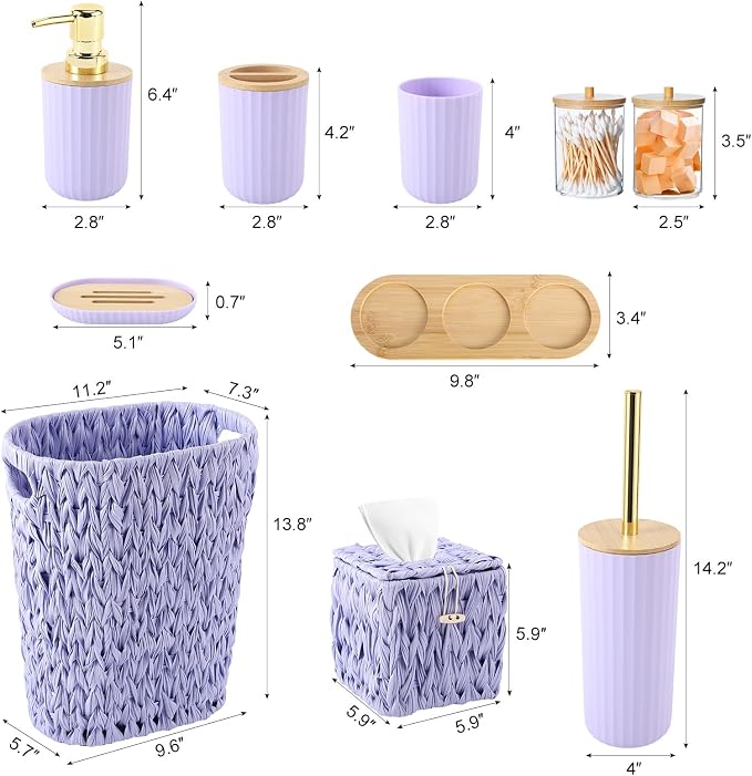 Bathroom Accessory Set, 10 Pieces Bath Set- Wicker Trash Can Tissue Box Soap Dish Toothbrush Holder Rinse Cup Lotion Bottle Toilet Brush Qtip Holder - Practical Bathroom Decor Sets (Purple, Bath Set)
