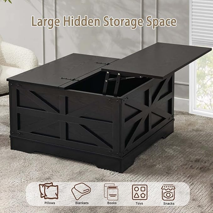 Farmhouse Living Room Table Set of 3, 2 Drawer Dresser End Table with Charging Station and 1 Coffee Table with Large Hidden Storage, Farmhouse Coffee Table Set for Living Room, Office, Black