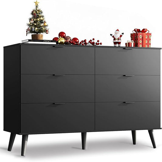 WLIVE Black Dresser for Bedroom, 47.24'' Wide 6 Drawer Wooden Dresser Storage Organizer with Sturdy Metal Handle, TV Stand for 55 inch TV, Chest of Drawers for Living Room, Hallway, Closet