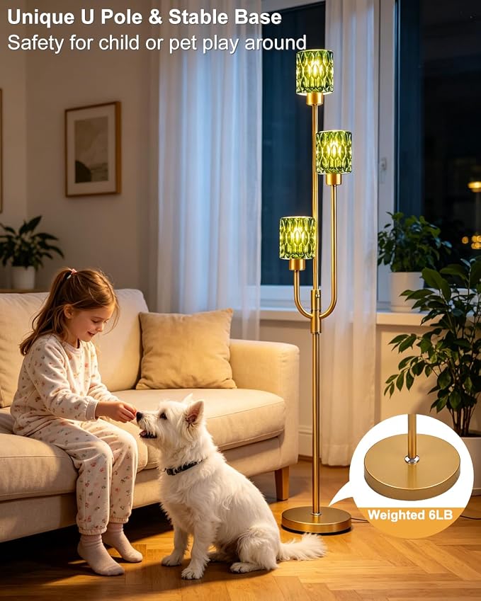 66IN Glass Floor Lamp 3-Lights Modern Gold Dimmable Floor Lamps with 3000K Warm White Bulbs for Wedding Party Modern Tall Standing Lamp with Green Glass Shade for Living Room/Bedroom/Home Decor