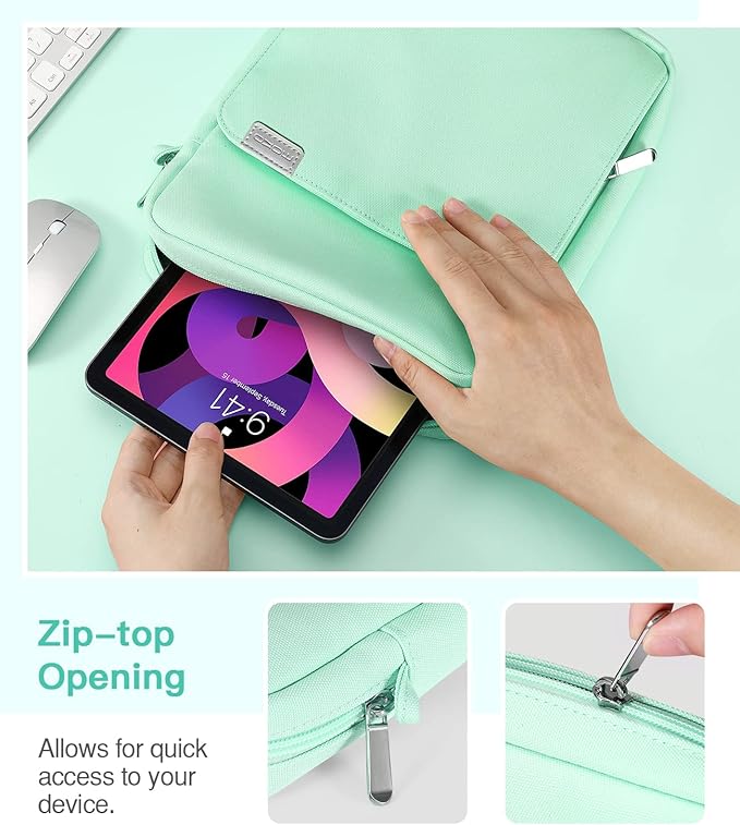 MoKo 9-11 Inch Tablet Sleeve Bag Handle Carrying Case with Shoulder Strap Fits New 11-inch iPad Pro M4/iPad Air M2, iPad 10th 10.9, i-Pad 9/8/7th 10.2, iPad Air 5/4th 10.9, Tab S8/S9 11, Mint Green