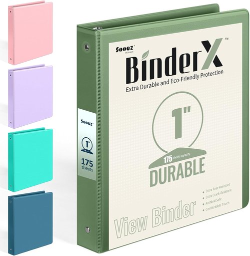 BinderX Extra Durable 1-Inch 3-Ring Binder - Customizable View Cover & Inside Pockets - Olive Green