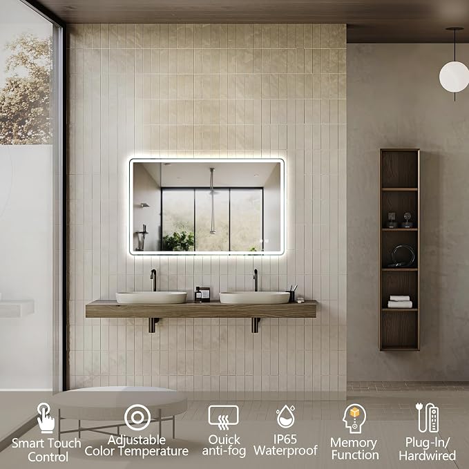 Niccy 24"x36" LED Bathroom Mirror, Rectangle Vanity Mirrors with Lights, Frontlit & Backlit Lighted Vanity Mirror, Memory Funtion, 3 Colors & Stepless Dimmable, Anti-Fog, Horizontal/Vertical