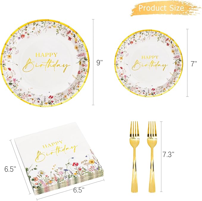 Crisky Wildflower Birthday Plates and Napkins set Women/Men Floral Disposable Tableware Set of 24 for Birthday Party Decorations (Plates, Napkin, Fork)