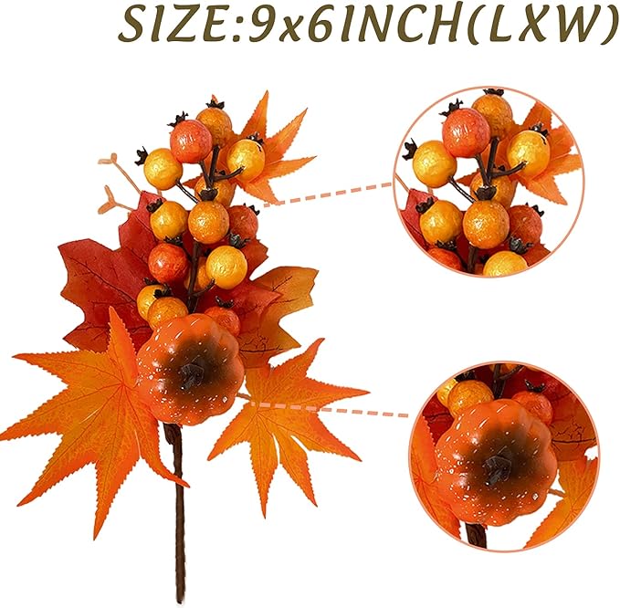6 Pack Fall Stems Artificial Berry Picks Fall Picks with Pumpkin Maple Leaves Branches Decorations for Harvest Autumn Thanksgiving Day Flower Arrangements Wreaths Indoor Outdoor Home Decor