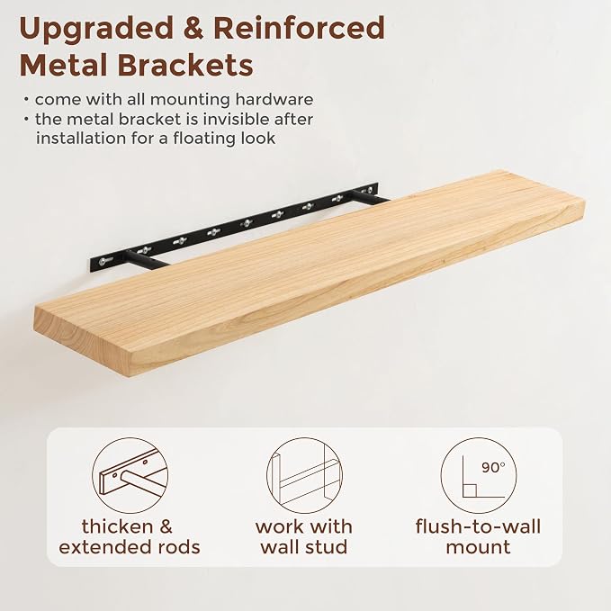 fuqing 40 Inch Floating Shelves | 6.7 Inch Deep Natural Wood Shelves Set of 2 | 40''W x 6.7''D x 1.4''H Natural Wood Floating Shelves for Living Room Bathroom Bedroom Kitchen Home Office