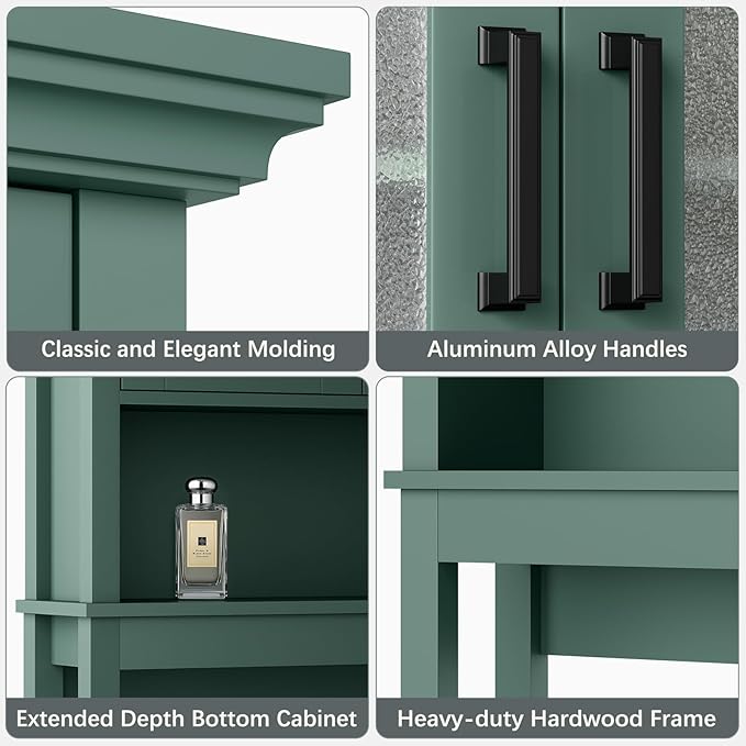 Over The Toilet Storage Cabinet, Over Toilet Bathroom Organizer with Glass Doors and Adjustable Shelf, Thicken Frame Above Toilet Storage Cabinet Behind Toilet Bathroom Organizer, Halcyon Green