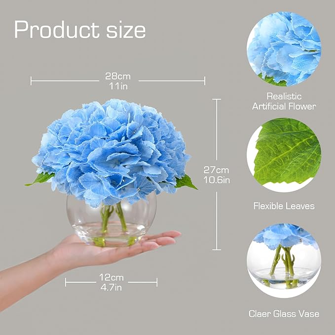 Artificial Hydrangea with Fake Water in Vase, Real Touch Faux Flowers, Silk Fake Hydrangea Flower Arrangement with Faux Water for Home Office Bathroom Wedding Table Centerpiece Decor(Blue)