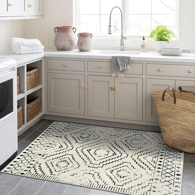 Wonnitar Moroccan 3x5 Area Rug, Washable White Non-Slip Entry Rug, Farmhouse Rustic Small Living Room Rug Tribal Non-Shedding Throw Mat Indoor Floor Carpet for Kitchen Bedroom Mud Room (Beige,3'x5')