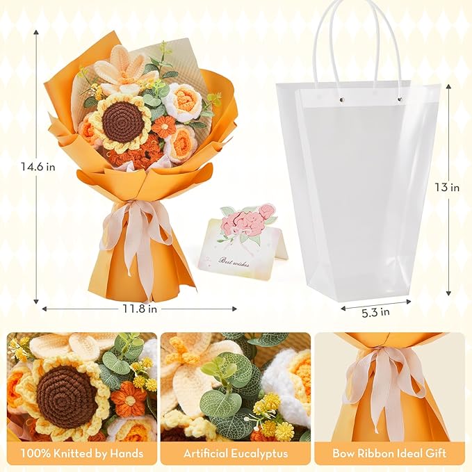 Alecono Crochet Flower Bouquet, Orange Knitted Flowers, Crochet Sunflower Flower for Lover Anniversary Birthday Party Mother's Day Graduation Gifts (Include Card)