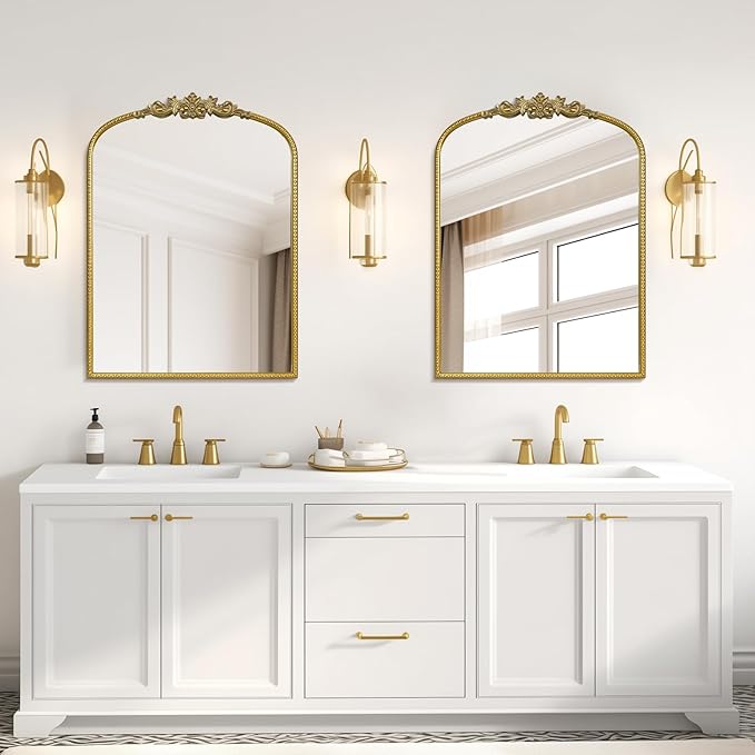 WallBeyond Gold Vintage Mirror for Vanity 22x30 Inch, Gold Antique Mirror with Ornate Frame, Arched Vintage Wall for Bathroom, Living Room, Fireplace, Entryway