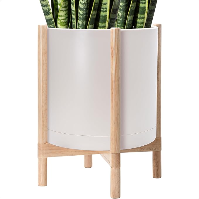 D'vine Dev Planter Pot with Stand - 16 Inch Plastic Cylinder Flower Pot with Wood Planter Holder for Indoor, Oatmeal Pot + Natural Stand, 55-C-Y-4