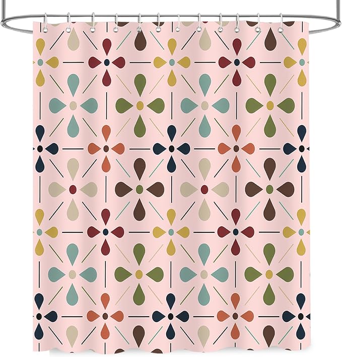 APROPHIC Mid Century Retro Shower Curtain 72x72 Inches, Vintage Geometric Pattern Bathroom Curtain with Hooks, Waterproof Polyester Fabric for Bath Shower, Machine Washable Home Decor for Bath, Pink