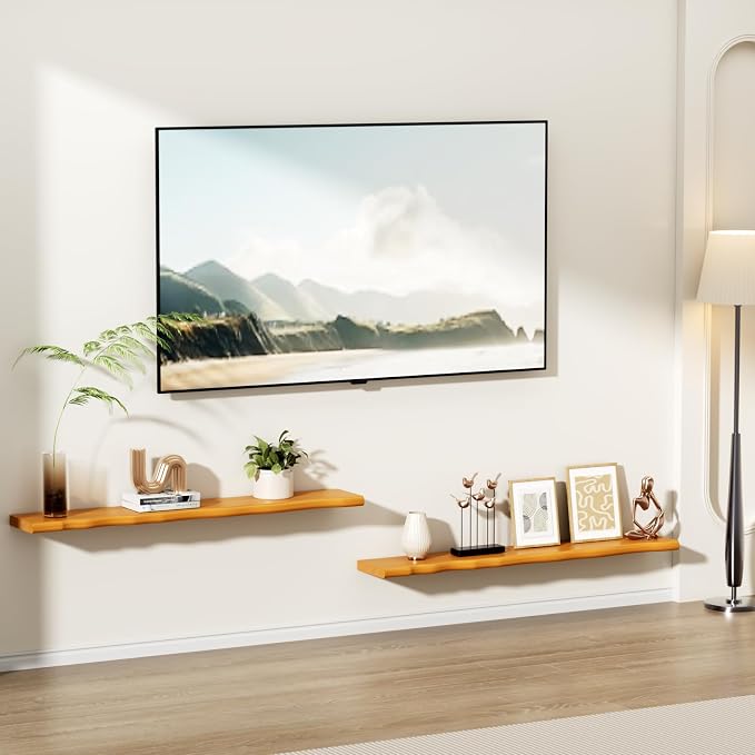 Solid Wood Live Edge Floating Shelves Set of 2 – 48" Rustic Wall Shelf with Hidden Bracket System, Wall Mounted Shelves for Bathroom, Kitchen, Living Room, Bedroom (Honey Walnut)
