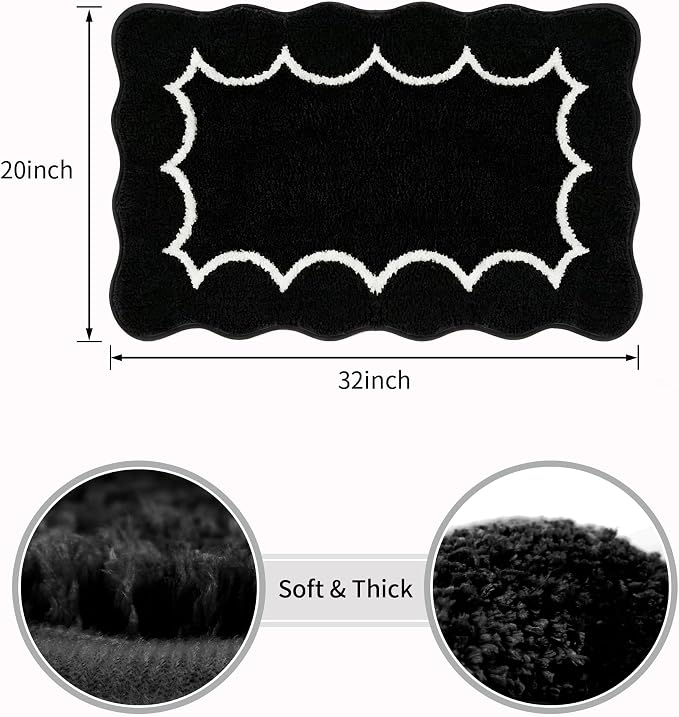 Scalloped Black Bathroom Rugs Mat,Shaggy Soft Non Slip Absorbent Quick Dry Bath Mats for Shower Room,Plush Microfiber Bath Rug for Bathroom Floor Carpet for Tub Sink Bedroom,20"x32"