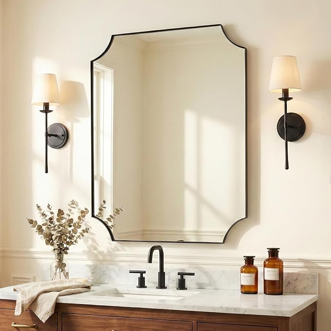 ANDY STAR 24"x30" Scalloped Vanity Mirror, Matte Black Framed Bathroom Mirror, Modern Wall Mirror in Premium Stainless Steel Frame, Aesthetic Scalloped Corner Design, Ideal for Bathroom Remodel