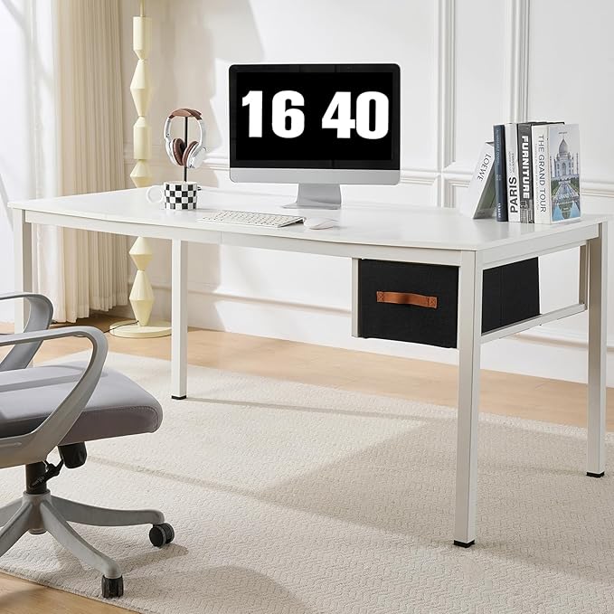 White Computer Desk with Drawer, 63 Inch Large Home Office Work Desks, Modern Writing Study PC Desk Gaming Table for Bedroom Home, Stable Thick Metal Legs Frame Support