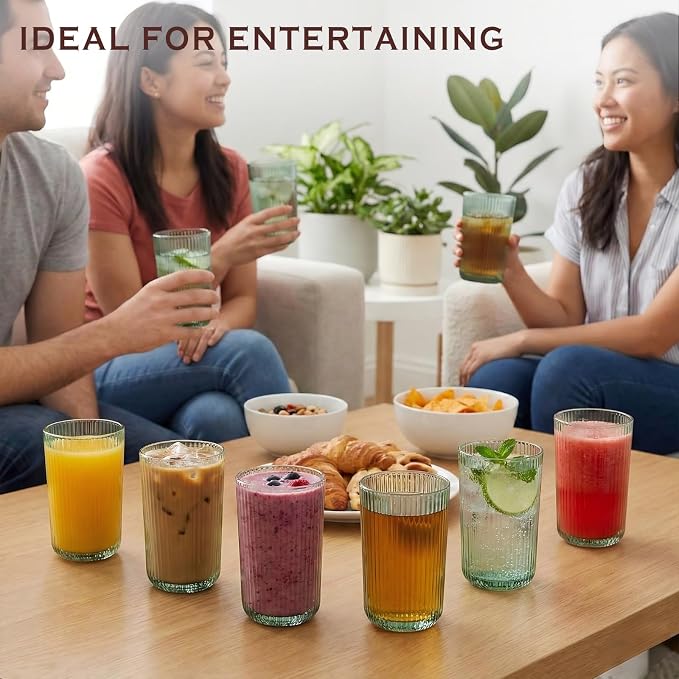 Green Ribbed Highball Glasses Set of 6, 13.2oz Sage Green Colored Glassware, Drinking Glasses for Water, Juice, Iced Coffee, Cocktails, Green Glass Cups, Housewarming Christmas Gift