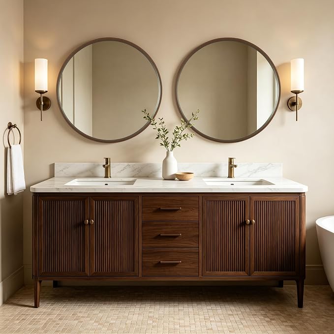 WallBeyond 36 Inch Round Wood Mirror, Large Circle Wooden Frame Wall Mirror for Bathroom, Living Room, Bedroom, Entryway (Walnut)